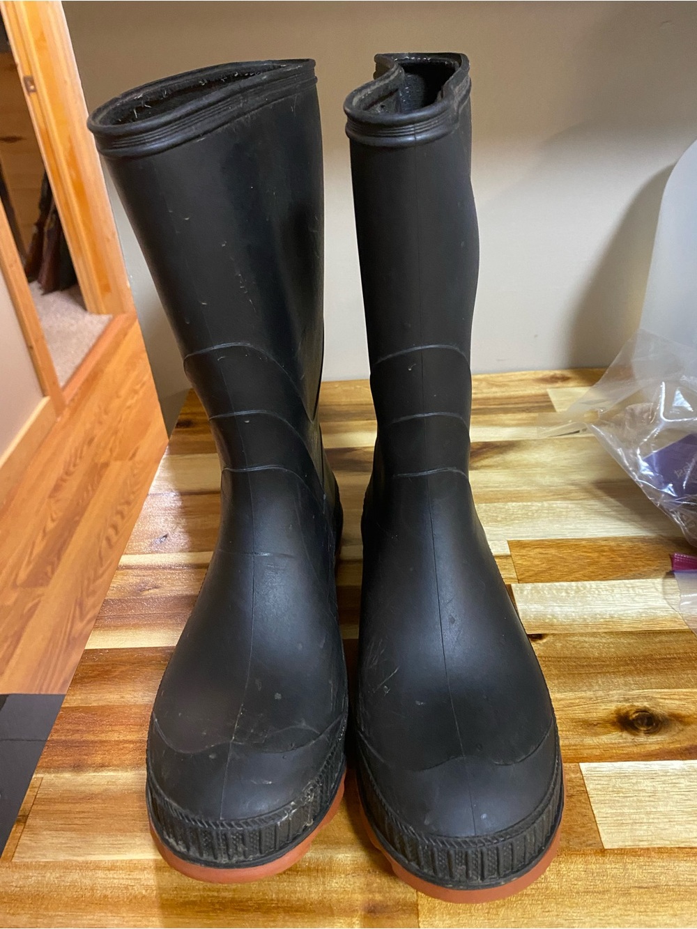 wonder nation Black Tall Rubber Rain Boots with Brown Soles